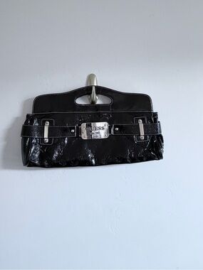 GUESS Black Patent Leather Clutch with Silver Plaque